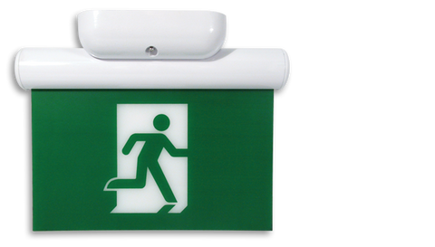 Exit Sign, Edge Lit - Green Running Man - White Aluminum Surface Mount