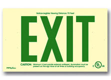 Exit Sign, Photoluminescent - Glowing Plastic Face - Green Letters - UL Listed