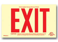 Exit Sign, Photoluminescent - Glowing Plastic Face - Red Letters - UL Listed